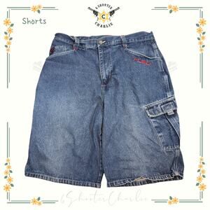 Vintage FUBU The Collection Baggy High Rise Cargo Shorts Mens Size 38 Blue Denim